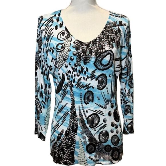 Alison Sheri Long Sleeve Abstract Print Top with Sequin Embellishment Size Large - Picture 1 of 10